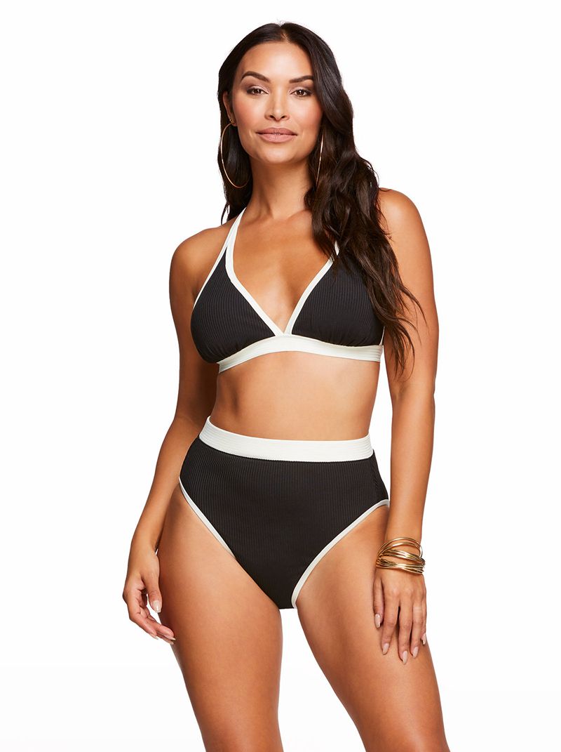 Women's Jessica Simpson Chop & Change Full Support Triangle Bikini Tops Black Cream | QMHIL-5712