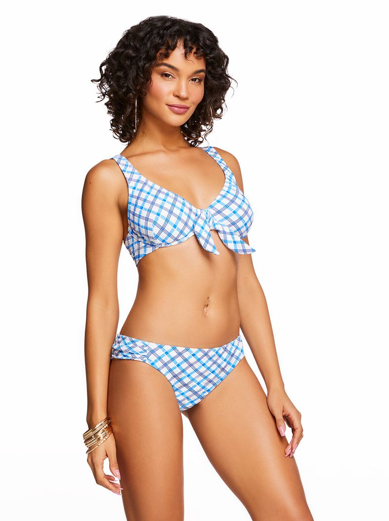 Women's Jessica Simpson Afternoon Tea Tie Front D Bikini Tops White / Blue | KHOQC-6053