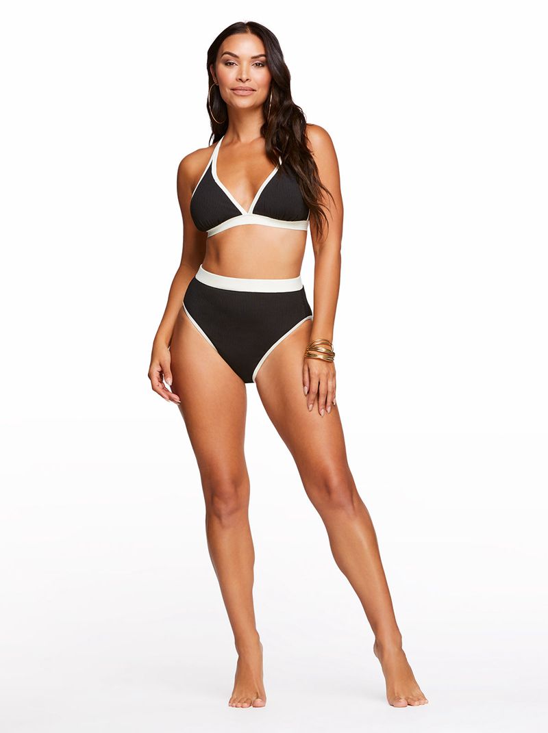 Women's Jessica Simpson Chop & Change Full Support Triangle Bikini Tops Black Cream | QMHIL-5712