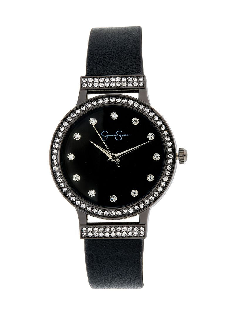 Women\'s Jessica Simpson Gunmetal Crystal Black Strap Watches Black | MAKZU-9374