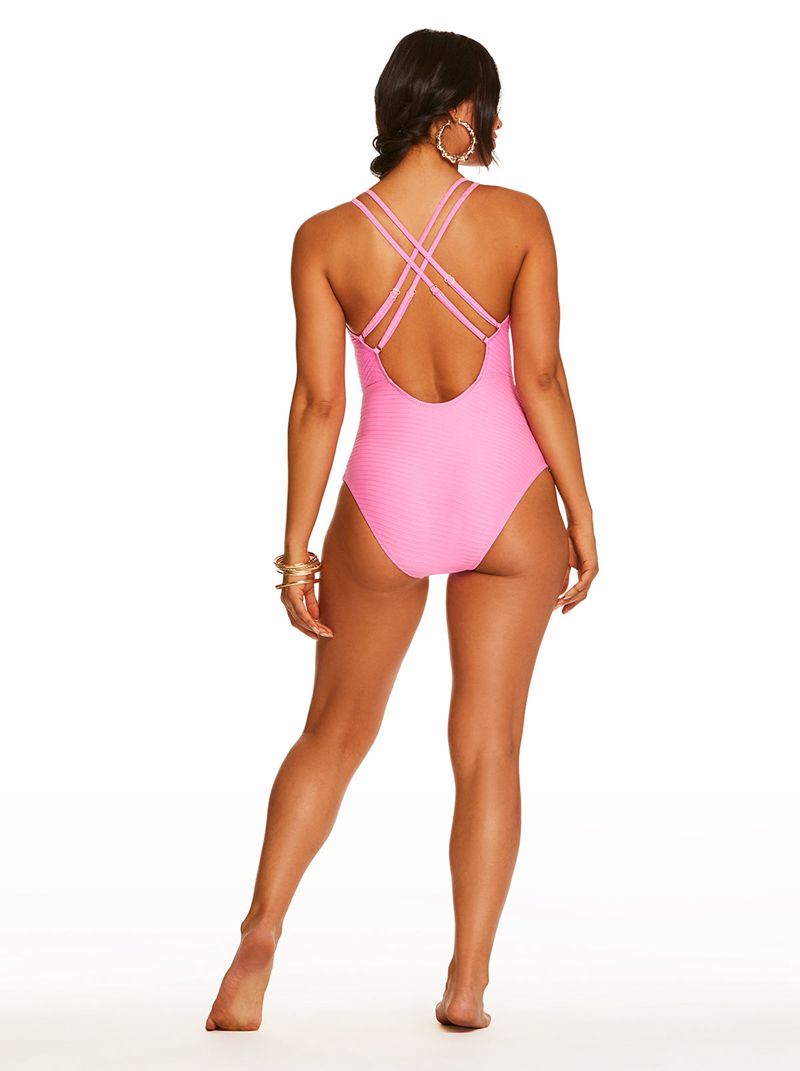 Women's Jessica Simpson Pretty In Pique Plunge One Piece Pink | HALCX-2486