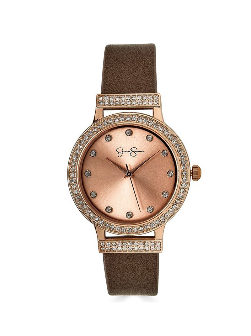 Women\'s Jessica Simpson Rose Gold Crystal Brown Strap Watches Gold | KFUXS-7906